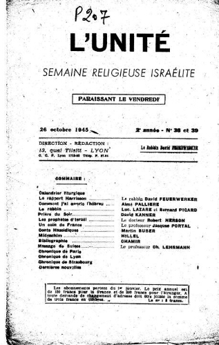 L'Unité : Semaine religieuse israélite. 2ème Année N° 38-39 (26 octobre 1945)